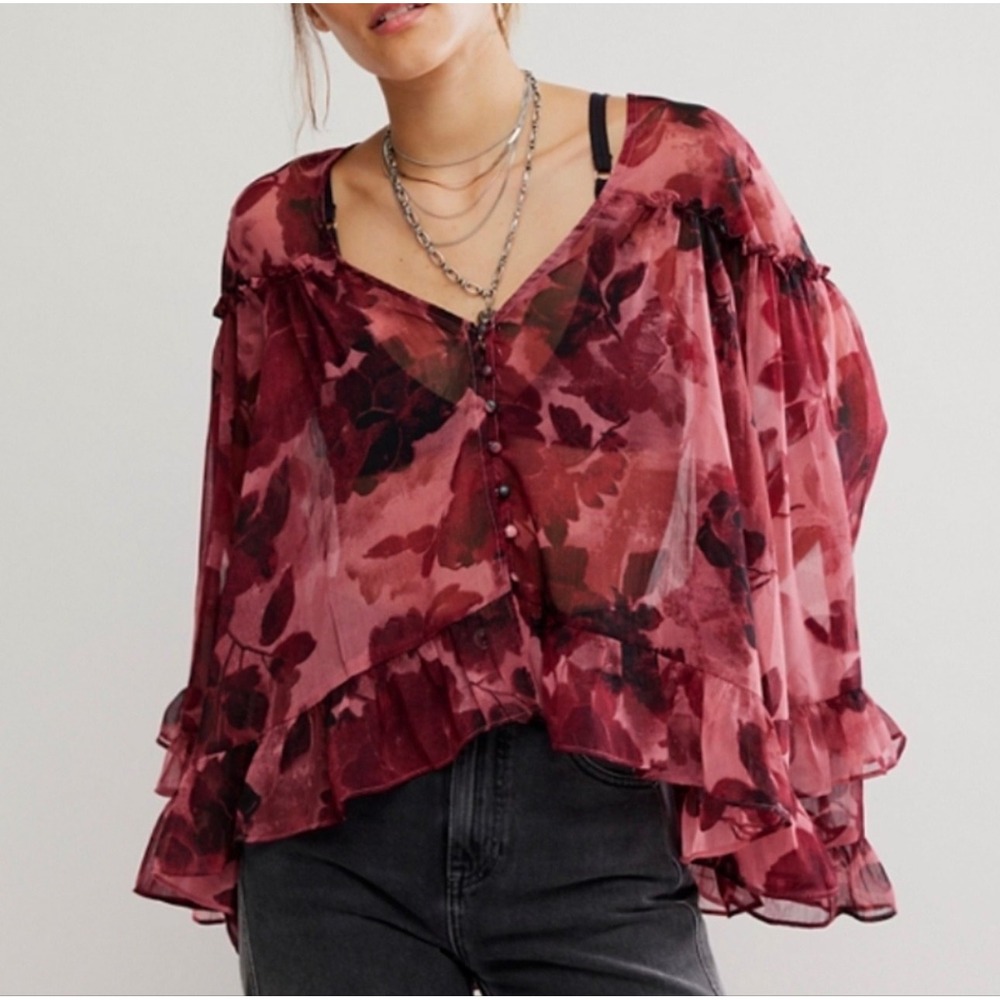 Free People Day Dreaming Blouse Rose Combo Floral Sheer Boho Ruffle Flawed*